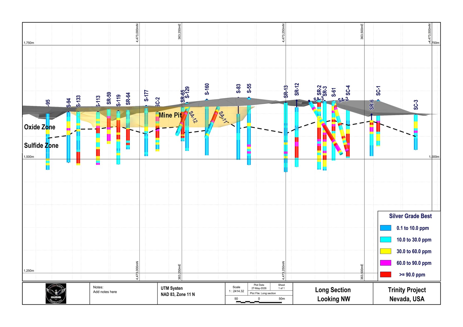 Long section looking NW showing silver grade shells, oxide/sulfide zones and mine pit