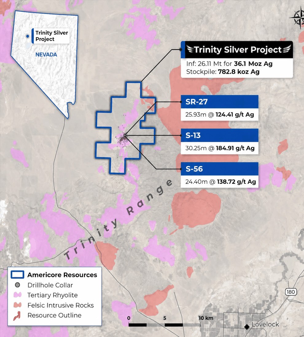Silver grade shells along Trinity fault trend with drillholes